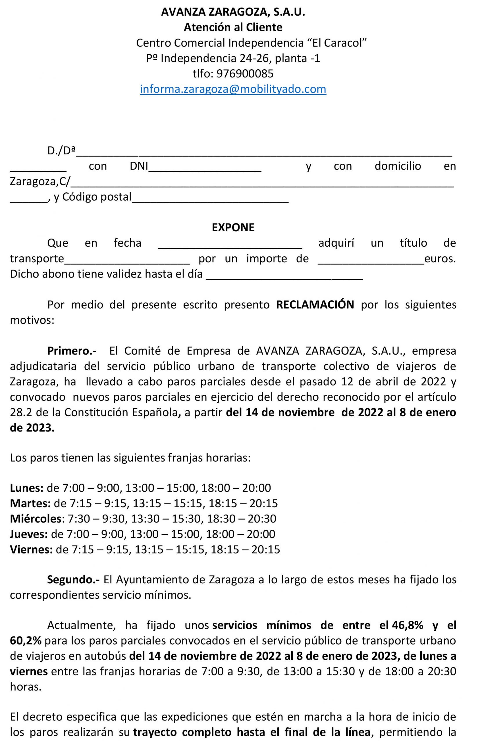 Modelo de reclamación AVANZA ZARAGOZA - UCA | Unión de Consumidores de  Aragón