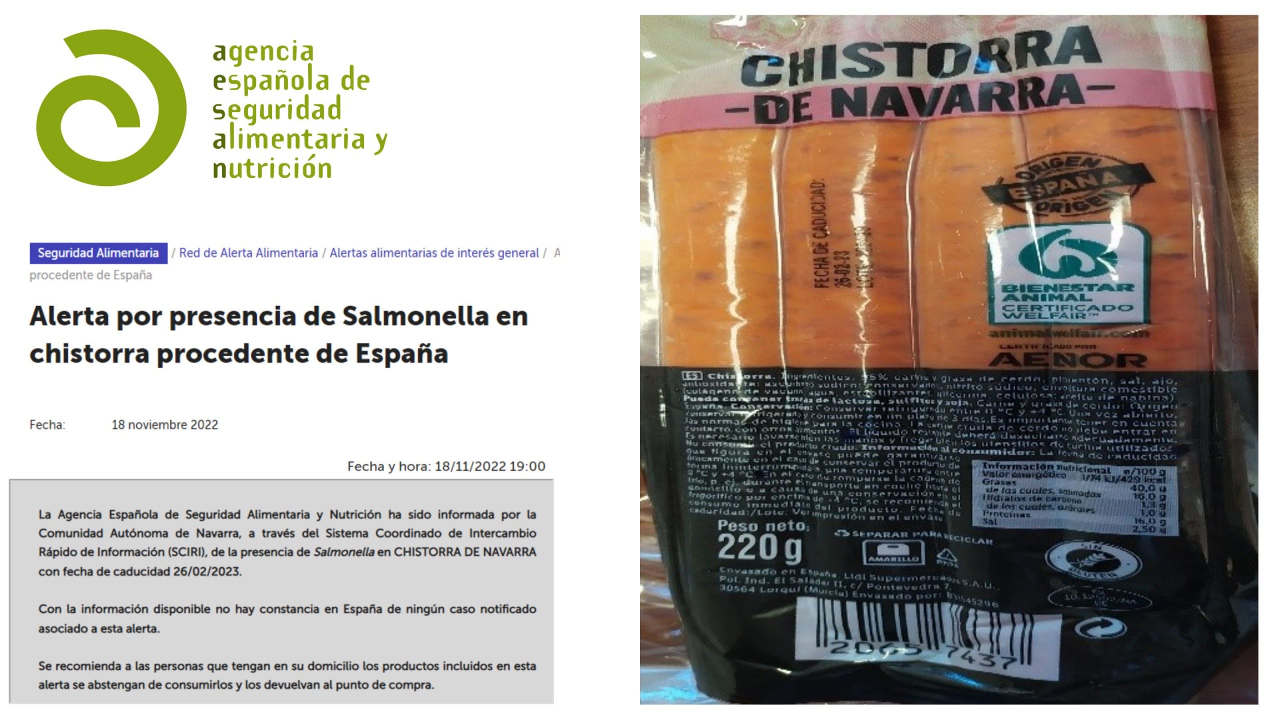 Forzado enviar Hazme AESAN alerta de la presencia de Salmonella en chistorra