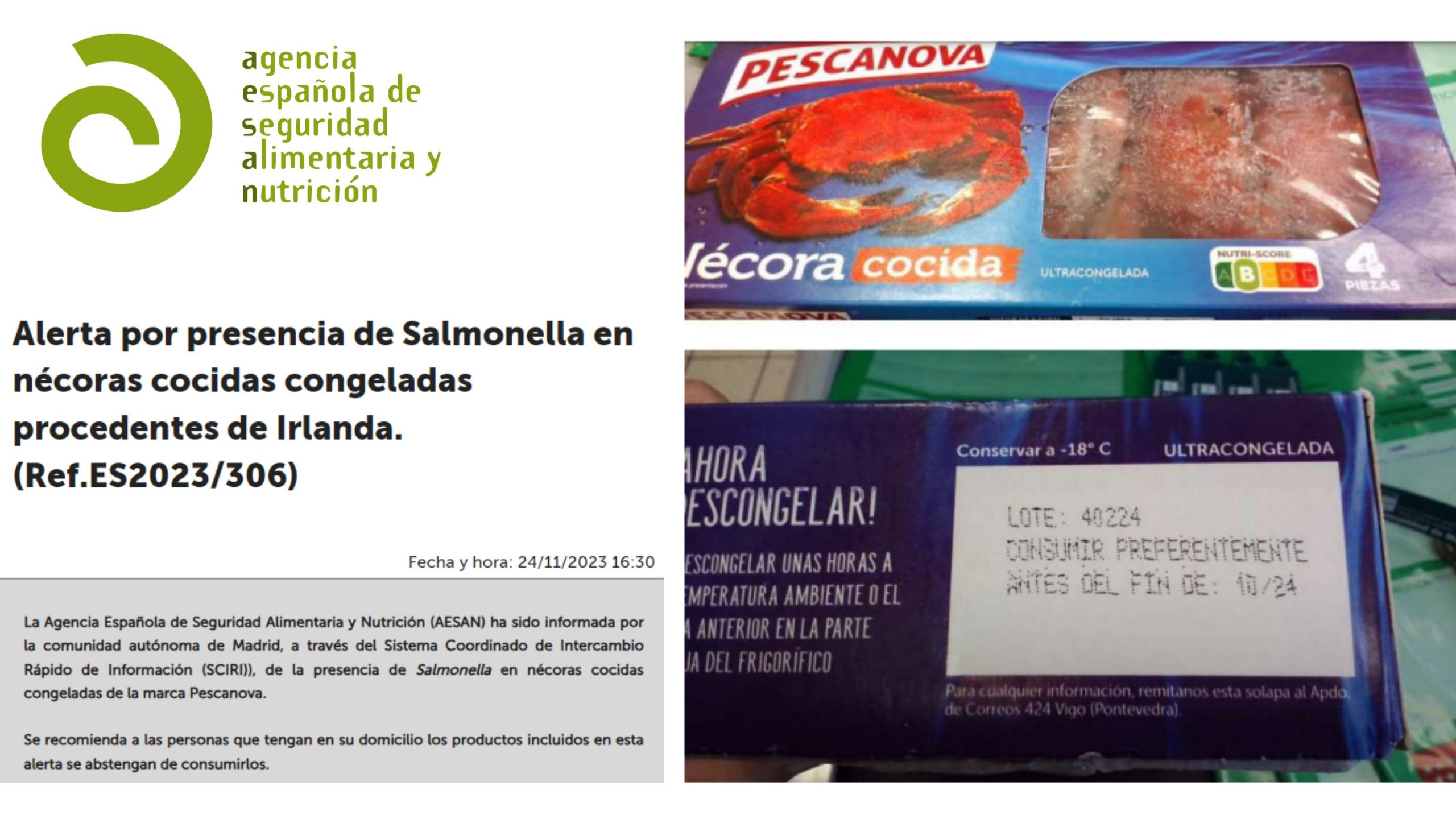 AESAN Salmonella en nécoras cocidas de Pescanova